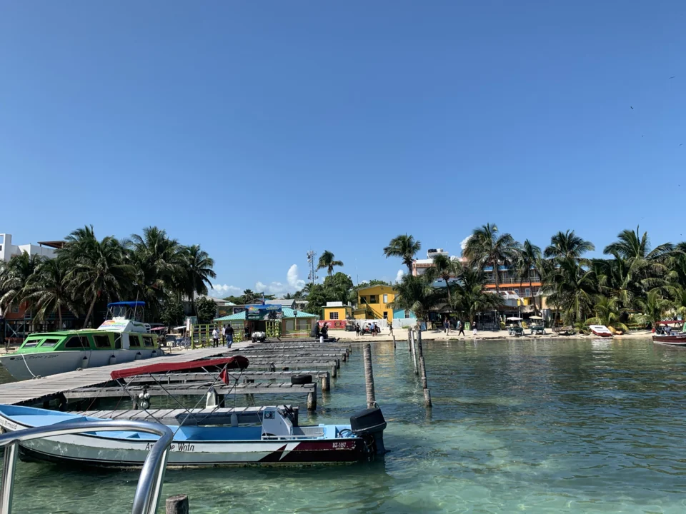 The water taxi dock on Caye Caulker, with small boats moored either side of a timber pier and the village's beachfront buildings and palms behind.