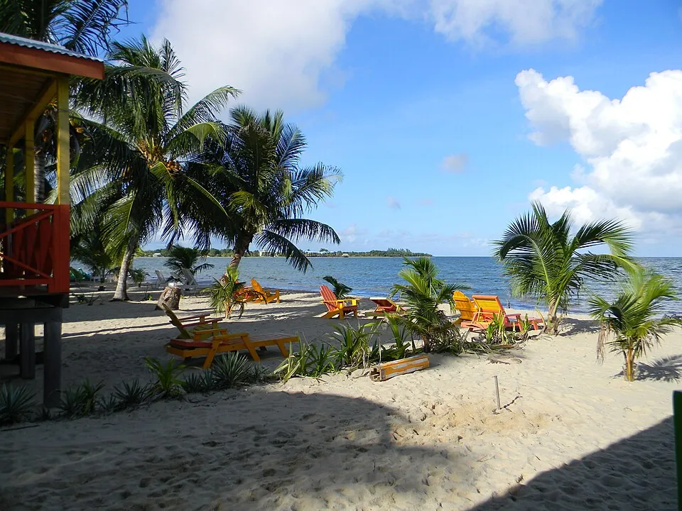 Wooden loungers and coconut palms on the sand at Placencia's beachfront, with the sea and a low green shoreline beyond.